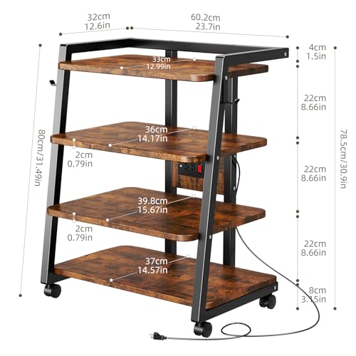 CABTE Mobile AV Media Stand with Outlets and 4 Rolling Caster Wheels | 4-Tier Rolling TV Stand for Gaming Console, Stereo, DVD Player, Sturdy Metal Frame, Versatile Living Room,Bedroom (Brown) - color: Retro Brown