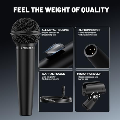 Phenyx Pro Cardioid Dynamic Wired XLR Microphone PM-25 | Wired Microphone with 16.4 ft XLR Cable, Mic Clip, Storage Bag, Handheld Mic for Singing, Stage, Studio, Karaoke, speaking