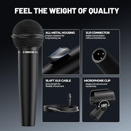 Phenyx Pro Cardioid Dynamic Wired XLR Microphone PM-25 | Wired Microphone with 16.4 ft XLR Cable, Mic Clip, Storage Bag, Handheld Mic for Singing, Stage, Studio, Karaoke, speaking