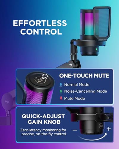 InnoGear USB Gaming Microphone for PC Boom Arm Condenser Mic Set, Black | One-Touch Mute, Interruption-Free, Adjustable Boom Arm, Zero-Latency Monitoring, Work with Xbox, Changeable RGB Modes - color: Black, style: 2-Axis Arm with Mic