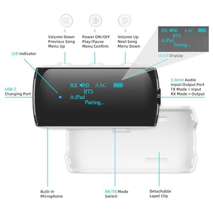 Bluetooth 5.2 Transmitter Receiver for 2 AirPods/Headphones | Flight Bluetooth Adapter for Airplane, TV, Gym with a 3.5mm Audio Jack, Wireless BT Receiver with Mic for Car/Home Stereo - color: White