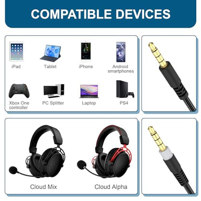 HyperX Cloud Alpha Replacement Cable - Compatible with Cloud Alpha, Mix, Flight, Logitech G633, G933 Gaming Headsets - 3.5mm Audio Cable with Mute & Volume Control (No Mic, 4.9ft) - style: 4.9FT