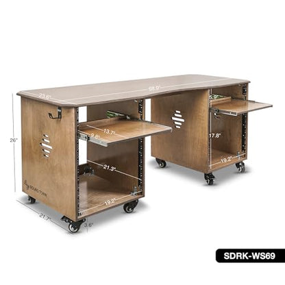 Sound Town DIY Music Studio Rack Desk Workstation with 2 X 13U Side Cabinets, Two Slide-Out Trays, Casters, Plywood, Weathered Brown for Recording Room, Home Studio (SDRK-WS69) - size: 2X13U(3U Top+10U Lower),Weathered Brown