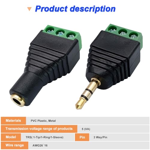 3.5mm Screw Terminal Gold Plated, 1/8" TRS Male to 3 Pin Screw Terminal with 1/8" TRS Female to 3 Pin Screw Terminal, Balun Solderless Converter with Screwdriver - color: 3Pin