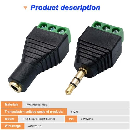 3.5mm Screw Terminal Gold Plated, 1/8" TRS Male to 3 Pin Screw Terminal with 1/8" TRS Female to 3 Pin Screw Terminal, Balun Solderless Converter with Screwdriver - color: 3Pin
