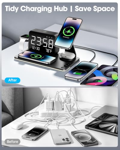 7-in-1 Magnetic Wireless Charging Station with Digital Clock & LED Lamp | 65W Power Adapter, 25W Fast Charging, 6-Device Charging Hub, Rotatable Stand, Bluetooth TimeSync, Qi Magsafe Compatible