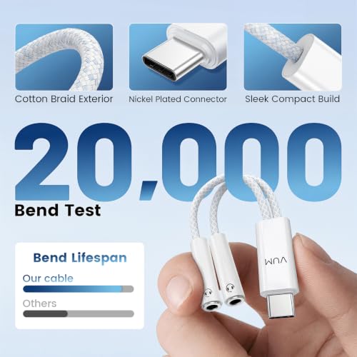 VUM USB-C to Dual 3.5mm Headphones Jack Hi-Res Audio Adapter Splitter | 32-bit/384kHz Hi-Res, TRRS HD Mic Input Supported, 1-in 2-Out Hi-Fi Stereo USBC Audio Splitter, OFC Cable with Silver-Plated