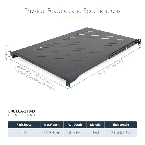 StarTech 1U 4-Post Vented Rack Shelf, 28-34.4in, 150lb (ADJSHELFV-Rack) | Adjustable depth 71.1-87.3cm, 150lb/68kg capacity, Cold-rolled steel, M5 hardware - size: 28-34.4in