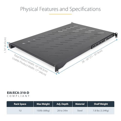 StarTech 1U 4-Post Vented Rack Shelf, 28-34.4in, 150lb (ADJSHELFV-Rack) | Adjustable depth 71.1-87.3cm, 150lb/68kg capacity, Cold-rolled steel, M5 hardware - size: 28-34.4in