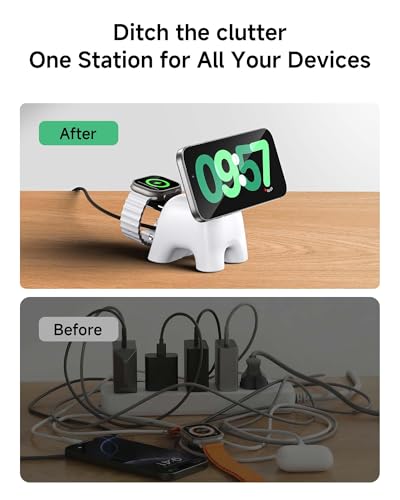 Magnetic Wireless Charging Station, Charger Stand for iPhone Apple Watch | 2026 2 in 1 Foldable Charger Stand 15W for iPhone 17 16 15 14 13 12 Pro Max, 5W for Apple Watch&Airpods, 30W Adapter included - color: White