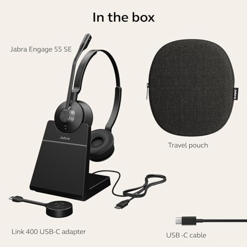 Jabra Engage 55 SE (Second Edition) Dual-Ear Wireless Headset w/Charging Stand and Link 400 USB-C DECT Adapter – Works with All UC Platforms Like Google Meet & Zoom, Black