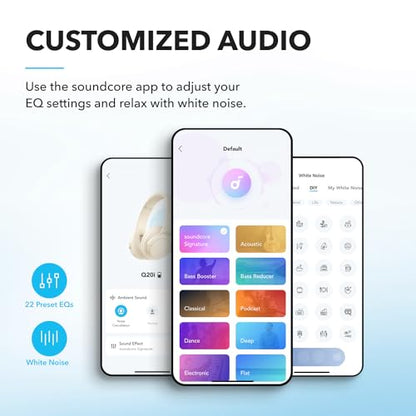 Soundcore by Anker Q20i Hybrid Active Noise Cancelling Headphones, White | Over-Ear, Bluetooth, 40H ANC Playtime, Hi-Res Audio, Big Bass, Transparency Mode, Customize via App, Travel, Home, Office - color: Almond White