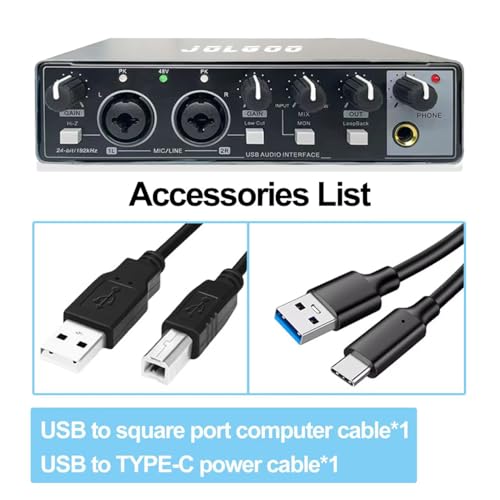 USB Audio Interface, Jolgoo 24-Bit/192kHz Plug & Play Recording Sound Card | 24-Bit/192kHz Resolution, Plug and Play, XLR Line In, Low Latency for PC Mac Smartphone