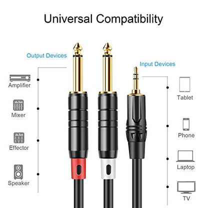 CableCreation 3.5mm to Dual 6.35mm Y Splitter 1/8 TRS to 1/4 TS Patch Cable | 1/4'' to 1/8'' Stereo Mono Breakout Bidirectional Audio Cable for iPhone, PC, Sound Card, Mixer, Speaker,Guitar, Amplifier - size: 6Feet
