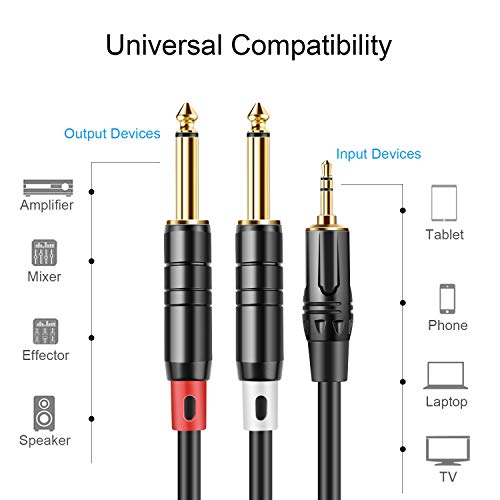 CableCreation 3.5mm to Dual 6.35mm Y Splitter 1/8 TRS to 1/4 TS Patch Cable | 1/4'' to 1/8'' Stereo Mono Breakout Bidirectional Audio Cable for iPhone, PC, Sound Card, Mixer, Speaker,Guitar, Amplifier - size: 10Feet