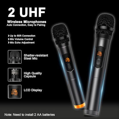 JM Portable Karaoke Machine 2-Way Coaxial Driver Speaker with 2 Mics-Black | Portable,Rechargeable,Bluetooth,TF/SD/USB,AUX,FM,4000mAh,5 Light Modes - color: Black