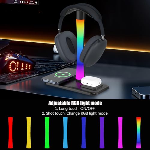 Headphone Stand with Wireless Charger,Gaming Headset stand with RGB Light Mode,For Airpod Max Stand Compatible with Airpod Pro/3/2,For iPhone 17/16/15/14/13/12/11,Gifts for Gamers & Music Lover(Black) - color: Black