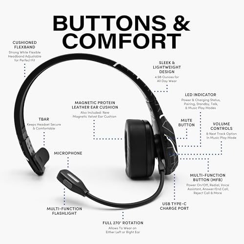 Blue Tiger Storm Plus Road Edition- Trucker Bluetooth Headset with Mic | Mono headset with mic + flashlight, wireless noise canceling, high-fidelity sound, 45-hour talk time, USB-C , Bluetooth 5.2