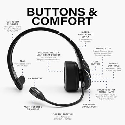 Blue Tiger Storm Plus Road Edition- Trucker Bluetooth Headset with Mic | Mono headset with mic + flashlight, wireless noise canceling, high-fidelity sound, 45-hour talk time, USB-C , Bluetooth 5.2
