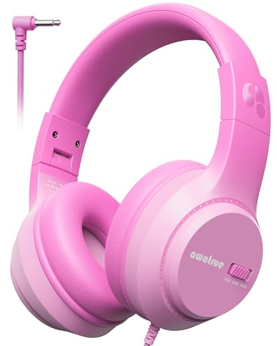 awatrue Kids Headphones for School, 74‑85‑94dB, 3.5mm Jack, HK07 | Foldable Wired Over Ear Headphones, for Toddler School/Travel/iPad/Tablet, Pink - color: Pink