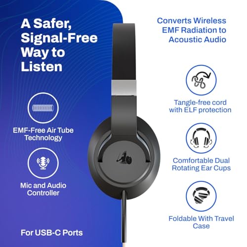 DefenderShield EMF Protection Air Tube Over-Ear Headphones – USB-C | Built-In Mic & Full-Range Stereo Sound – Foldable Headphones with Mic & Travel Case - style: USB-C