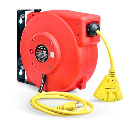 ReelWorks Retractable Extension Cord Reel Polypropylene 12AWG x 40' Foot | Industrial Commercial Grade 3C SJT Cable Triple Tap Connector 15A 125VAC 1875W 60Hz Current Interrupter Best for Indoor Use