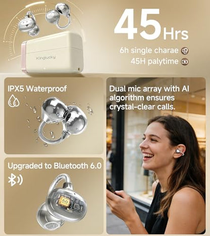 King Lucky Open-Ear Clip-On Earbuds for Running, Bluetooth 6.0 Wireless Headphones with Memory Spring, Secure Fit for Small Ears & Glasses Wearers, 45H Playtime, ENC Mic, IPX5 Waterproof (White) - color: White