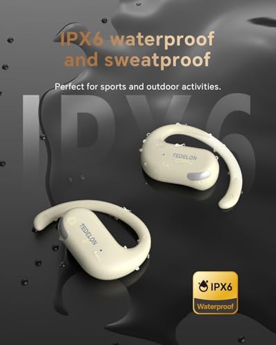 Open Ear Earbuds, 50H Open Ear Headphones Bluetooth 5.4, IPX6 Open Ear buds Wireless with Ear hook, Hi-res Stereo, AI Clear Call, Lightweight, Wireless Over Earbud for Workout, Gym, Running, Beige - color: Beige