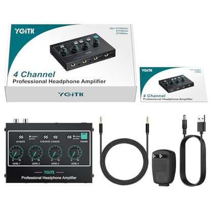 4 Channel Headphone Amplifier,Stereo Audio Amplifier Mixer with 3 Audio Inputs, Individual Mute & Volume Control, Mono/Stereo 1/4" & 1/8" TRS Output, Includes Power Adapter & Audio Cables - color: Black