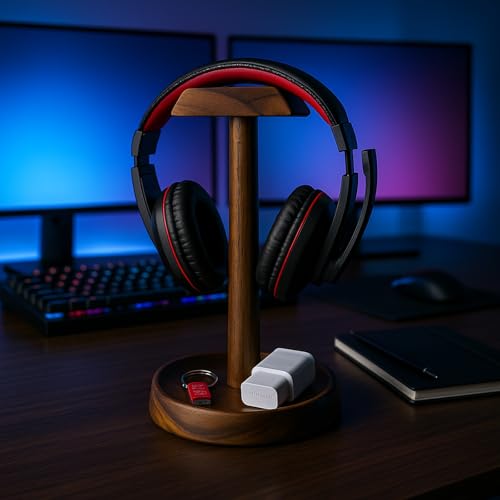 Headphone Stand, Solid Acacia Wood Headset Holder with Tray, Desk Organizer | Solid acacia wood headset stand with tray for gaming, home office, headphones, headsets, accessories & workspace organization - style: Single Headset Holder