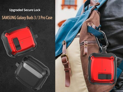 Galaxy Buds 3 Pro/3/3 FE Case Cover with Secure Lock Clip, Shockproof Samsung Galaxy Buds3/3 Pro 2024/3 FE 2025 Protective Hard Cover Shell with Carabiner&Cleaner kit for Men Women, Black/Red - color: Black/Red