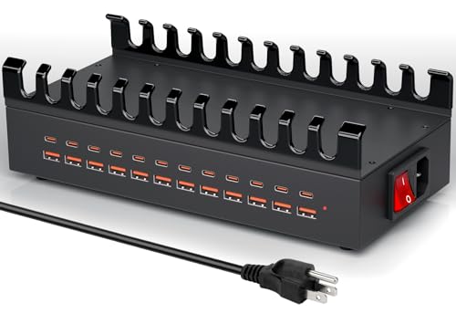 여러 장치용 300W USB 충전 스테이션, 24포트 USB C 고속 충전 스테이션, 태블릿, 노트북, 휴대폰, 아이폰, 아이패드와 호환되는 멀티 기기 충전기 스테이션 오거나이저 (300, 와트)