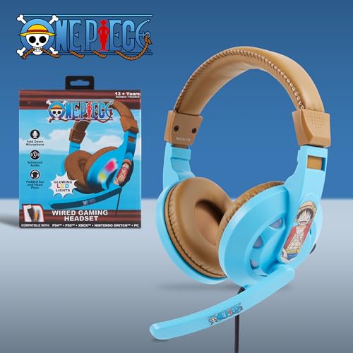 One Piece Gaming Headset with Mic, Wired Headphones, Microphone, LED | One Piece wired gaming headset, mic, LED lights, padded over-ear comfort, enhanced audio, PC gaming setup. - color: Onepiece