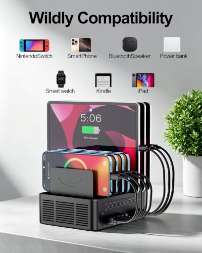 200W/40A Charging Station for Multiple Devices, 18 Port USB C Fast Charger | with Adjustable Dividers, Multi Organizer Charging Dock for Smartphone, iPad, Kindle, Tablet & More