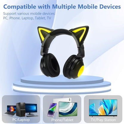 Cat Ear Bluetooth Headphones for Kids,Over Ear Headphones with Microphone | LED Foldable Wired & Wireless Gaming Headset,Cute Headphones for Kids for School,Compatible with Phone/PC/Tablet/TV,Black - color: Black