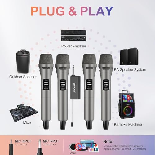 Aveek 4-Pack Wireless Microphone Set,100 ft Range,10Hs Battery for Karaoke - color: Brown