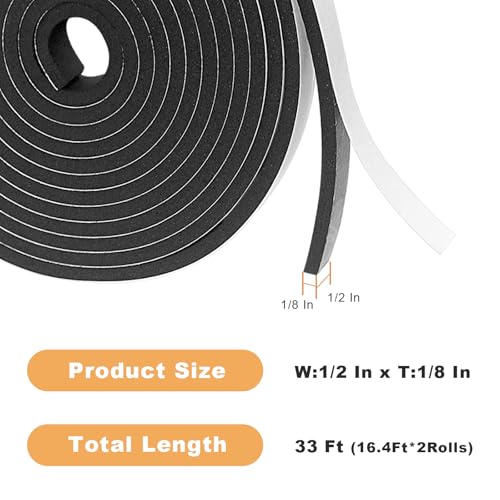Foam Insulation Tape self Adhesive,1/2In x 1/8In x 33Ft Weather Stripping for Doors and Windows,Sound Proof soundproofing Door Seal,Weatherstrip,Pipe Cooling, Air Conditioning Seal Strip - size: 1/2 in x 1/8 in x 33 ft