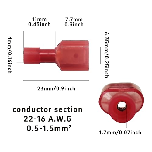 100Pcs Red Male Spade Connectors 22-16 AWG, Nylon Insulated Quick Disconnect Terminals, Tinned Copper Crimp Wire Connectors for Automotive, Speaker, Electronics - size: 22-16 AWG