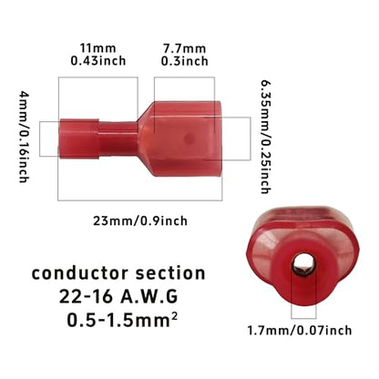 100Pcs Red Male Spade Connectors 22-16 AWG, Nylon Insulated Quick Disconnect Terminals, Tinned Copper Crimp Wire Connectors for Automotive, Speaker, Electronics - size: 22-16 AWG
