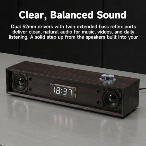Sanyun SW012 Desktop PC Soundbar, USB-C for Power and Audio & Bluetooth 5.4 | Music & Conference Modes, MDF Wood Cabinet with Clock Display, Built-in 16bit DAC, Clear balanced sound, Plug and Play, Black - color: Black