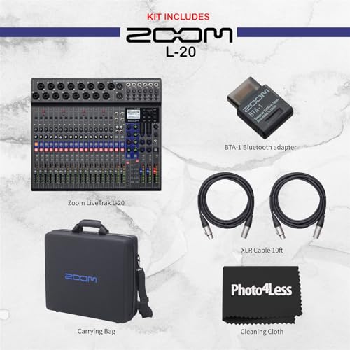 Zoom LiveTrak L-20 20 Input Digital Mixer and Multitrack Recorder Bundle with Carrying Bag, Bluetooth adapter, 2X XLR Cable 10ft