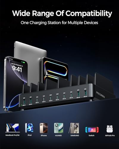 Rocoren 400W 10‑Port Charging Station,Dual PD 100W Dock w/ 6 Cables | Multi‑Device Fast Charging Organizer Dock,Works for MacBook,iPad,iPhone,Cell Phone,Tablet and Other Electronic Devices