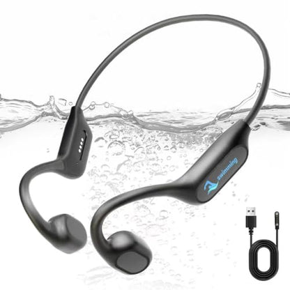 Swimming Headphones Bone Conduction Bluetooth 6.0 IPX8 Waterproof 32G MP3 | Open-ear comfort,clear audio in water,phone-free playlists,secure fit with caps and goggles,stable above-water pairing - color: Black