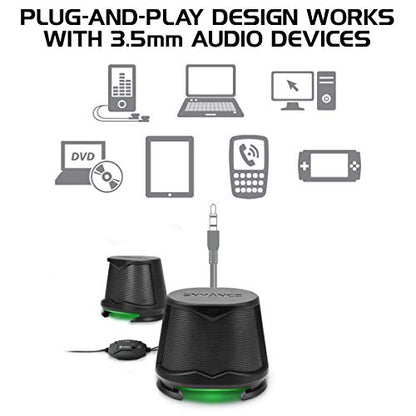 ENHANCE SB2 USB Computer Speakers, 2.0 Stereo with Green LED Lighting, 10W Peak High Excursion Drivers, 3.5 mm Aux, in Line Volume and Light Switch, PC Laptop Desktop - color: Green