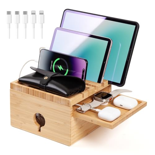 Bamboo Charging Station Organizer, with 5-Cables, No USB Charger | Nightstand Docking Station with Small Tray, Desktop Wood Charger Organizer, Compatible with Cell Phone, Tablet, Earphones - color: With Cables