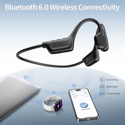 Open Ear Bone Conduction Headphones Bluetooth 6.0 Sports Earbuds with Mic, IPX7 Waterproof Sweatproof Headset for Running, Cycling, Lightweight Stereo Sound with Fast Charging