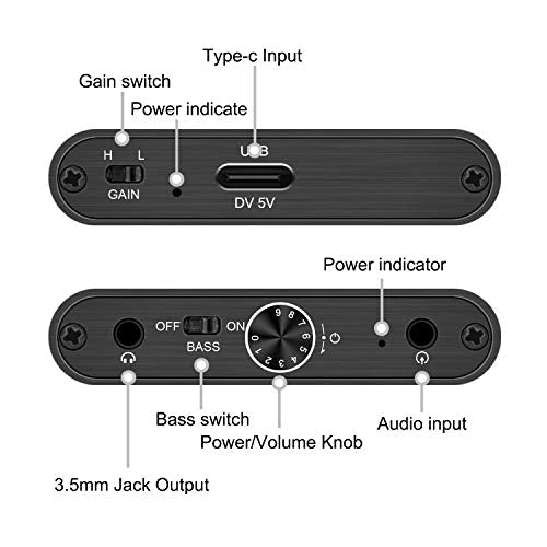 MYPIN Headphone Amplifier with Bass Boost, Support 3.5mm AUX and Type-C 16-600Ω Headphone -3.5mm Stereo Audio Out, GAIN, Bass for Mac, Phones, iPad, MP3, MP4 and Computers,Xbox one,PS4,PS5 Controller
