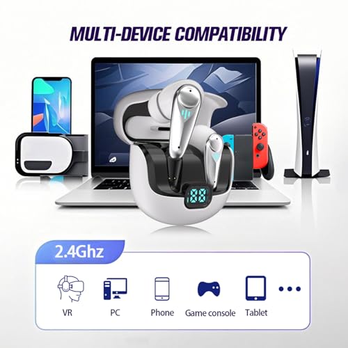 Wireless Gaming Earbuds for PC with Mic 2.4GHz Dongle Low Latency ANC Noise Cancelling Earbuds in Ear Gaming Headphones Earphone Ear Buds Compatible with Meta Quest 2, Steam Deck, PS4, PS5, PC, Switch - color: White