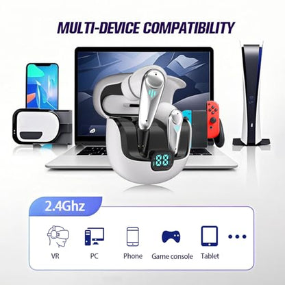 Wireless Gaming Earbuds for PC with Mic 2.4GHz Dongle Low Latency ANC Noise Cancelling Earbuds in Ear Gaming Headphones Earphone Ear Buds Compatible with Meta Quest 2, Steam Deck, PS4, PS5, PC, Switch - color: White