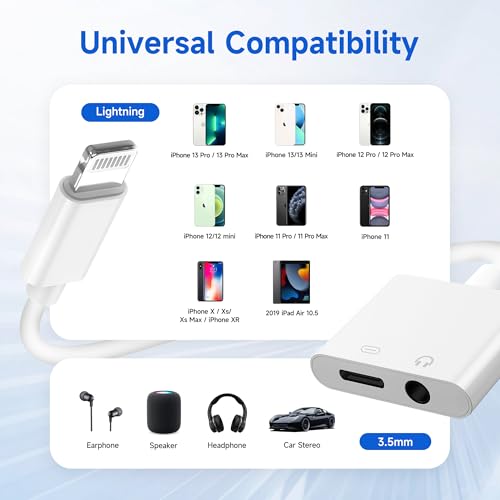 [Apple MFi Certified] 2 Pack Lightning to 3.5mm Headphone Jack Adapter, 2 in 1 Headphone Adapter Aux Audio and Charger Adapter Dongle Cable Splitter Compatible with iPhone14/13/12/11/XS/XR - color: 3.5+Charger, size: Lightning